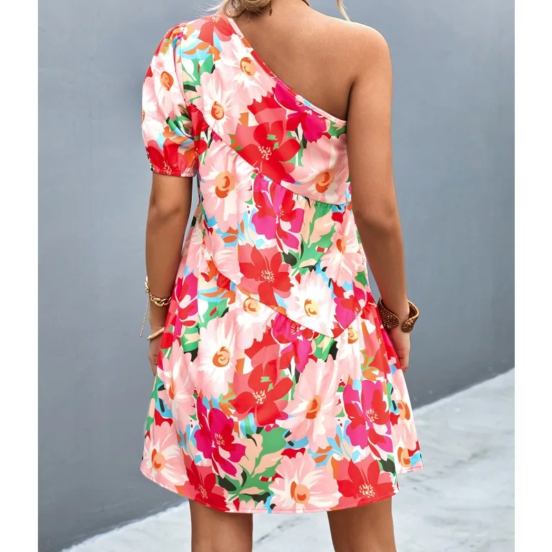 Vestido feminino solto com um ombro estampado casual, temperamento para pendulares, elegante vestido linha A, moda verão