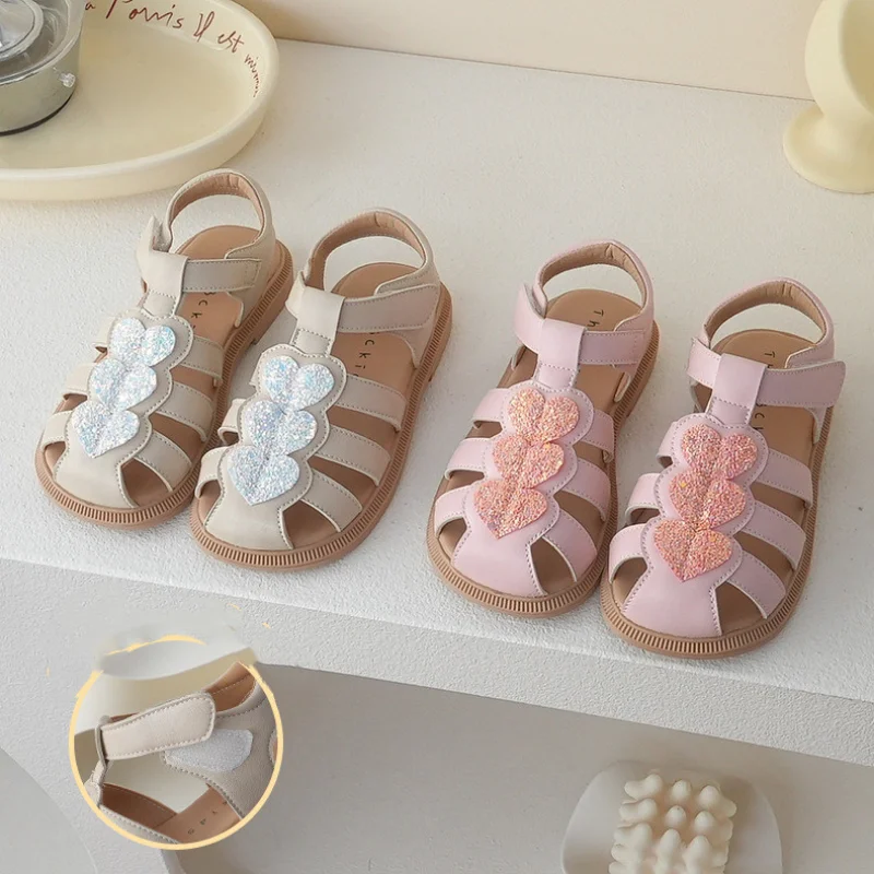 Girls Sandals 2023 Summer Kids Fashion Brand Dress Party Princess Shoes Toddler Beach Slides Outdoor Glitter Heart Soft Sole