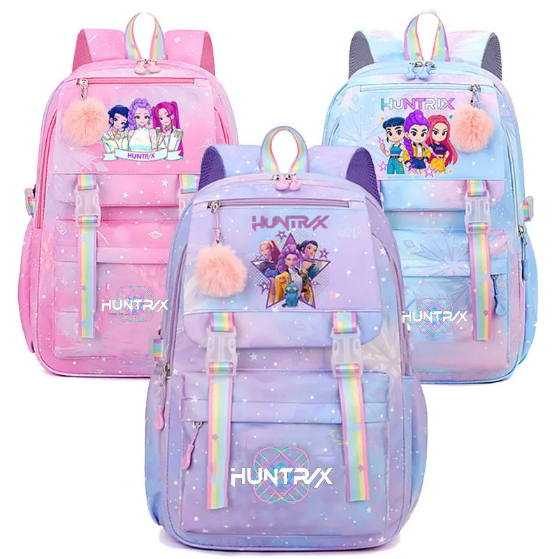 Mochilas K-pop Demon Hunters com estampa colorida, femininas, de nylon, simples, de grande capacidade, com fivela, para laptop, para adolescentes