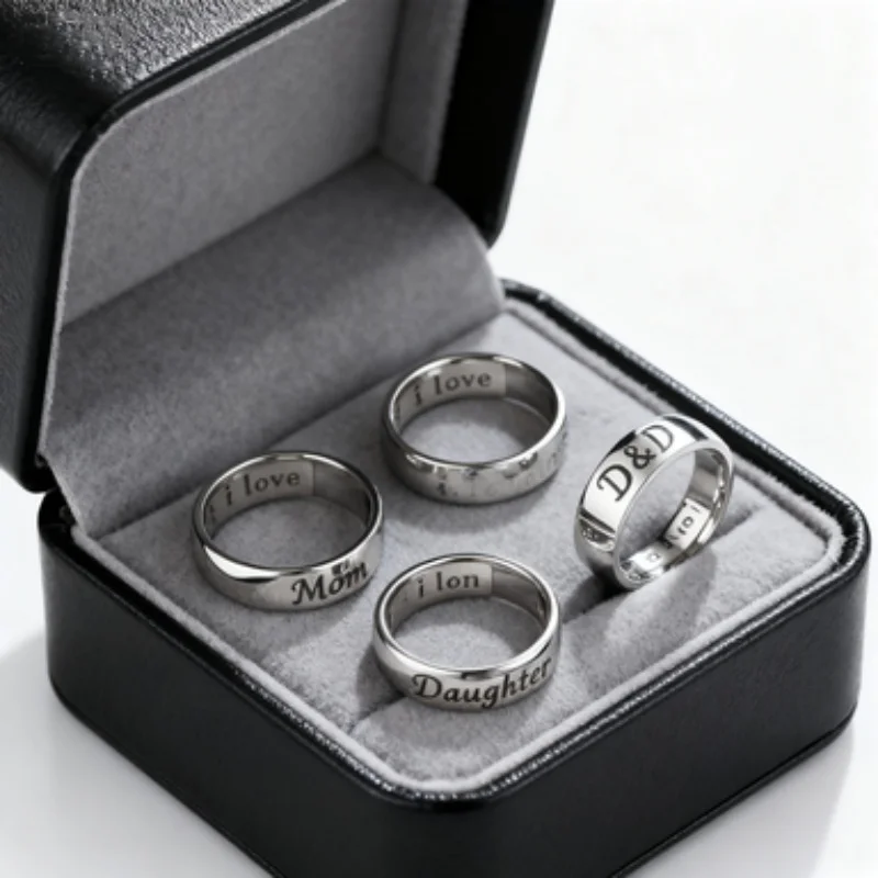 

Trendy Stainless Steel Family Rings Set for Mom Son Daughter Unisex Wedding Band Jewelry Accessory Size 5-13