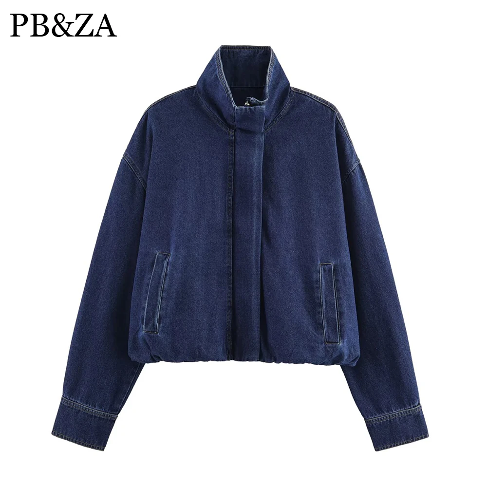 

Autumn new women's fashion stand up collar long sleeved drop shoulder denim jacket versatile jacket