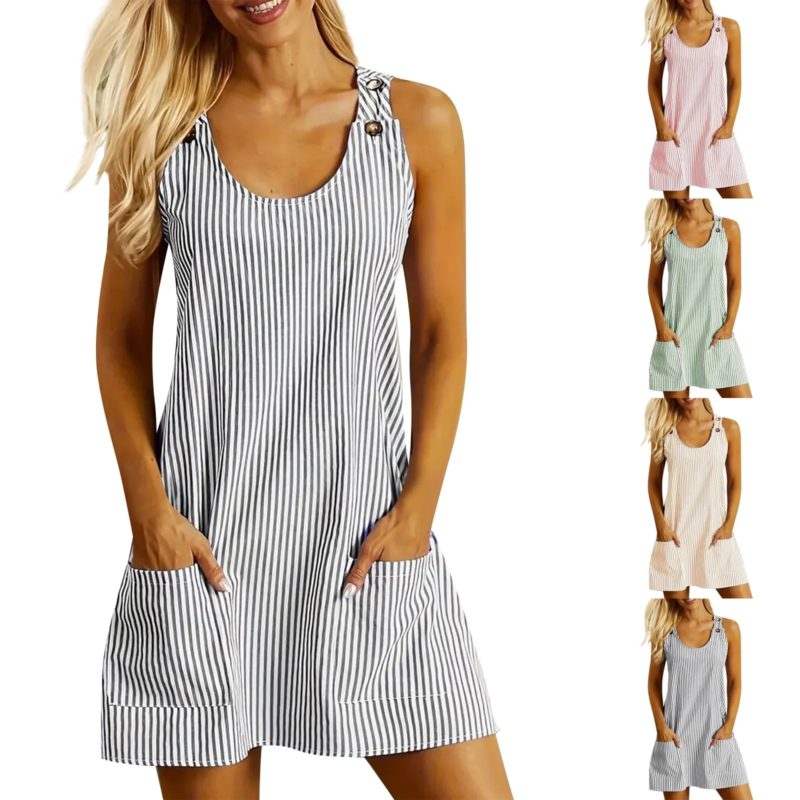 Summer Fashion Stripped Patchwork Commuting U-Neck Sleeveless Pockets Back Button Casual Straight Slimming Mini Dress For Women image 5