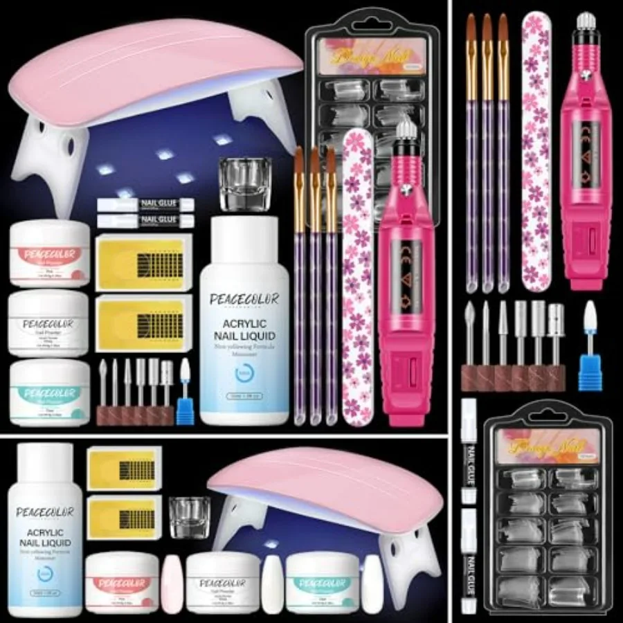 

Acrylic Nail Kit for Beginners 3PCs Clear/White/Pink Acrylic Powder Set With Nail Drill U V Light 100PCs Fake Tips Nail Starter