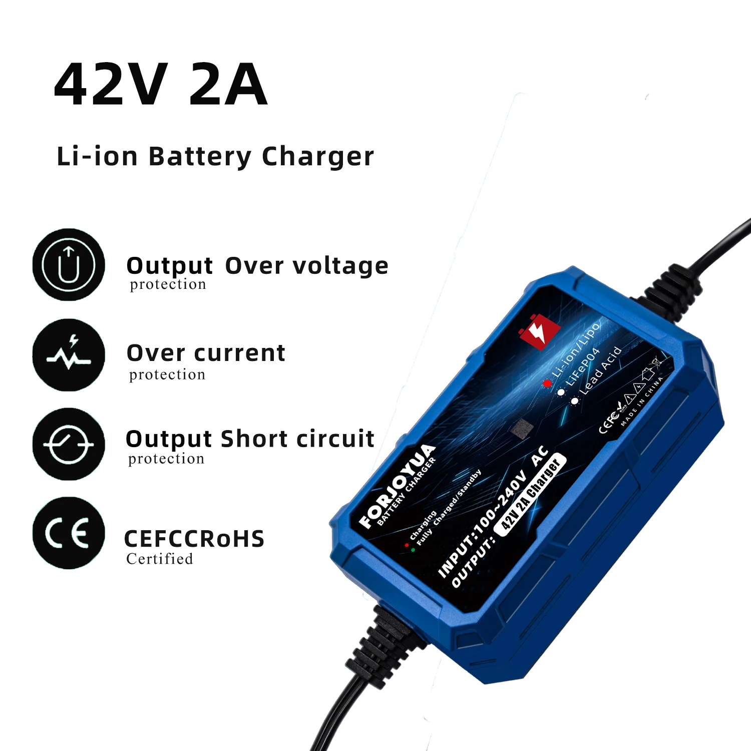 42V 2A Smart Lithium Battery Charger For 10S 36V Li-ion Battery Pack with DC5.5X2.1mm Plug