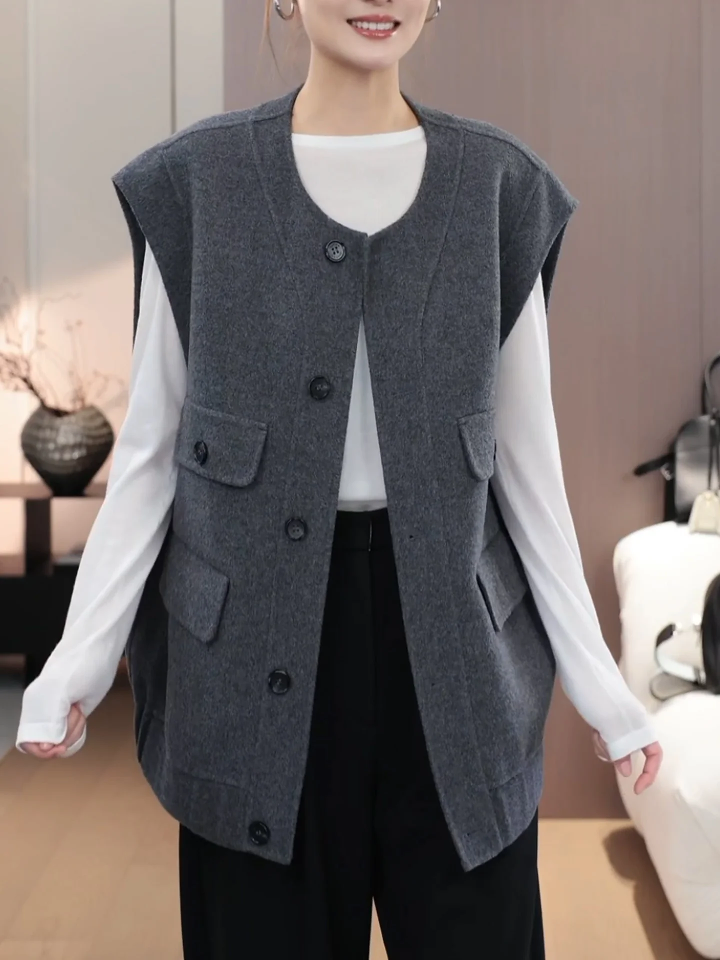 

Commute Sle Women's Loose Fit Svel Vest round Ne Button up Top Street Faion Autumn Winter Slimming Chic Outerwear