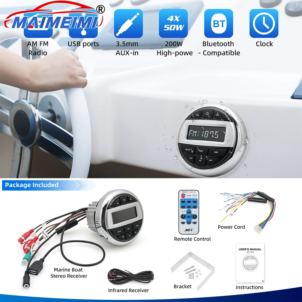 

Bluetooth-compatible Marine Stereo Boat Radio Waterproof FM AM Digital Media Audio Player For Yacht Gauge ATV UTV Cart Motorcycl