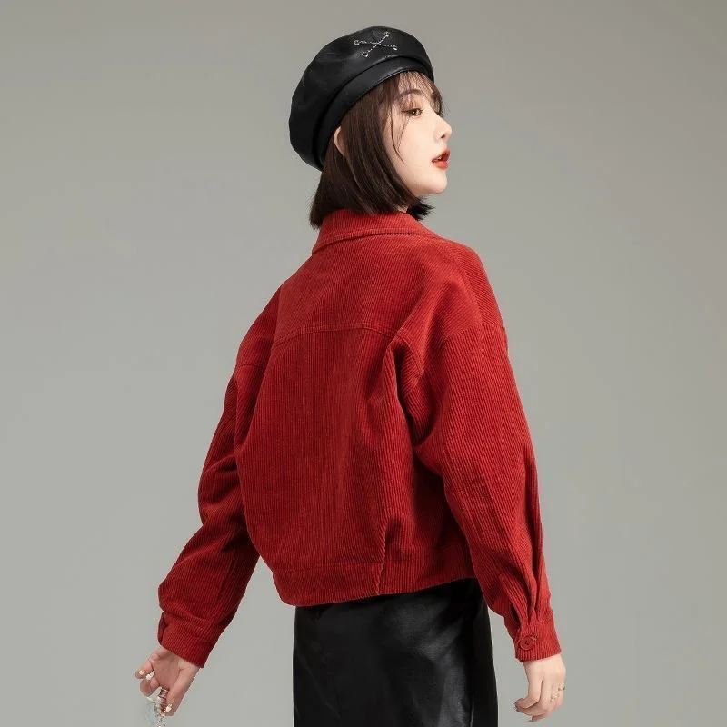 Thickened Corduroy Shirt Jacket Women's Short Style Spring Autumn New Fashion Small Size Button up Pure Color  Collar