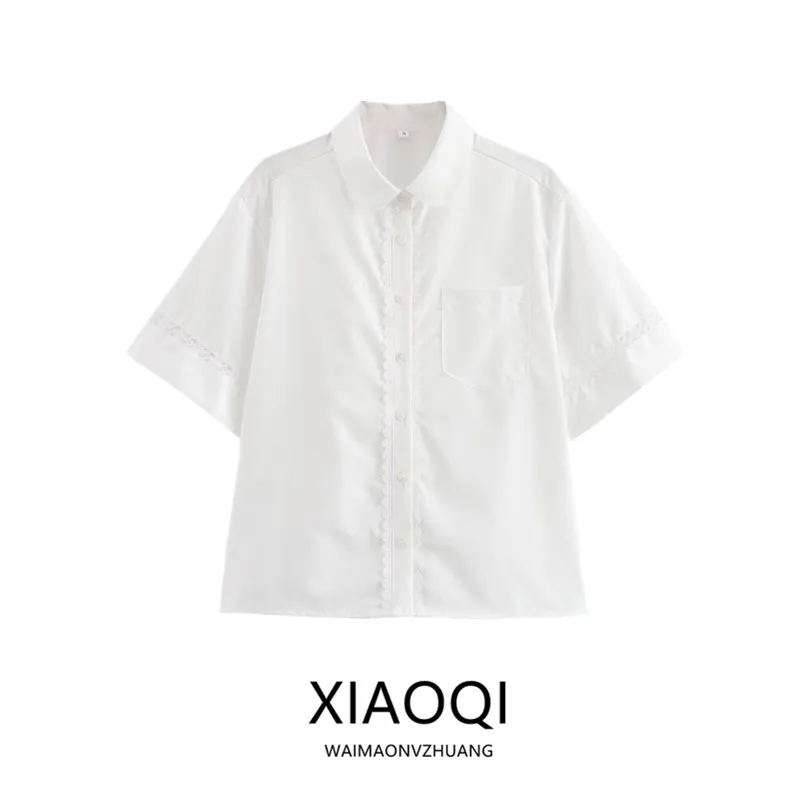 

Summer 2024 Women's Artistic Skin-friendly Modal Anti-wrinkle Short-sleeve Collar Lace Trim Shirt Versatile Loose Fit Pu...