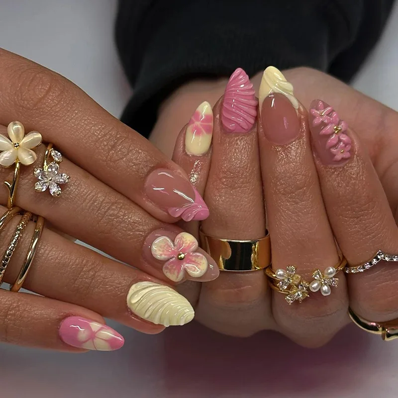 

24 Pcs Aesthetic Summer Nails Press Ons 3d Flower Self-adhesive Nail Tips Sweet Press Ons Nails Acrylic Medium Cheap fake Nails