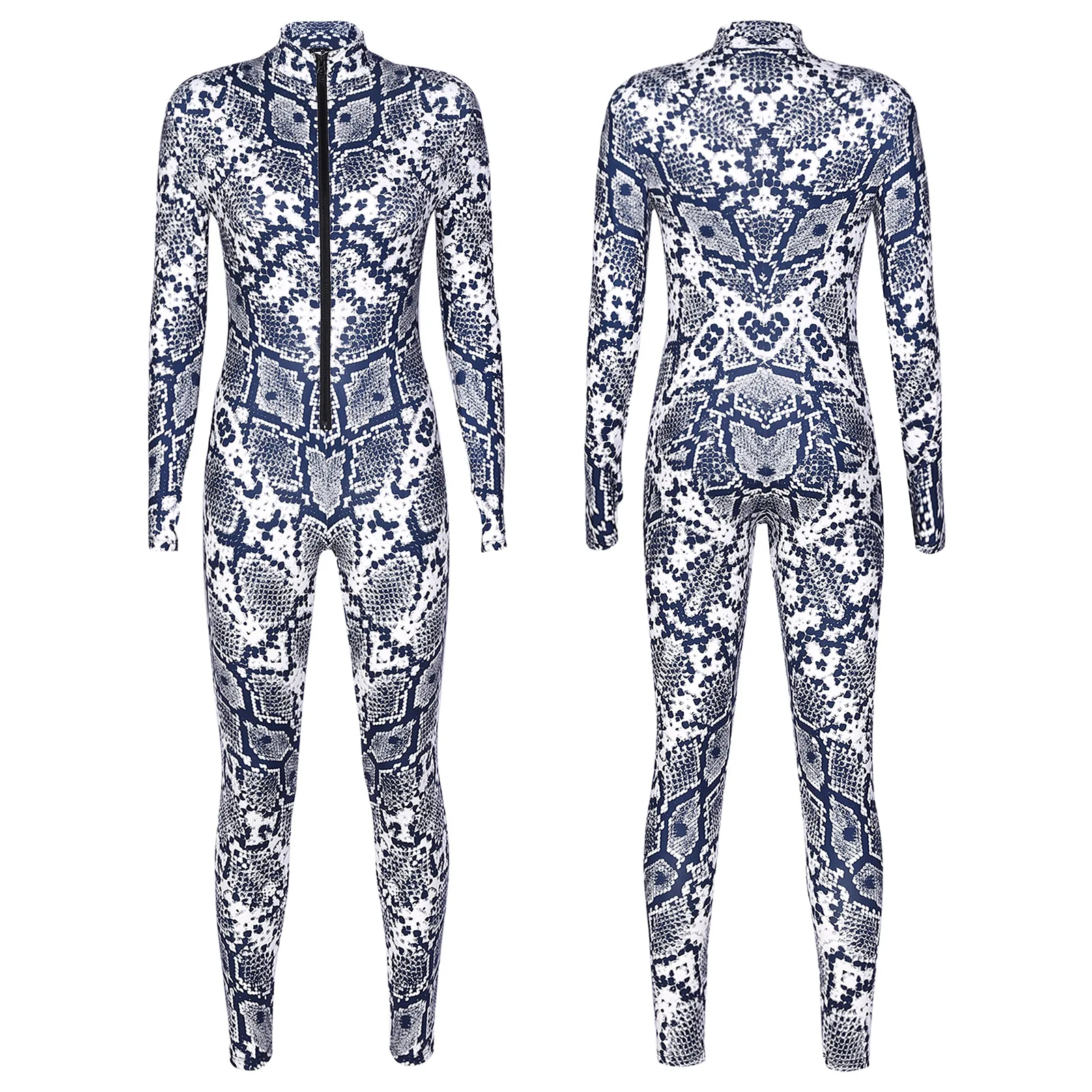 

Womens Stylish Print Zipper Bodysuit Shoulder Pad Long Sleeve Catsuit Skinny Jumpsuit Halloween Cosplay Costume