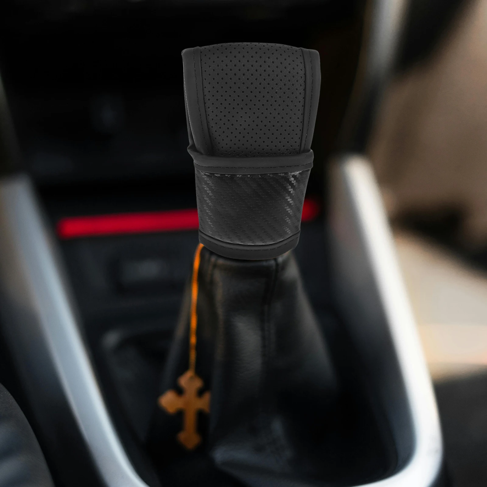 

Car Gear Shift Cover PU Universal Fit Breathable Perforated AntiSlip Gear Boot Shift Knob Accessories Carbon Fiber