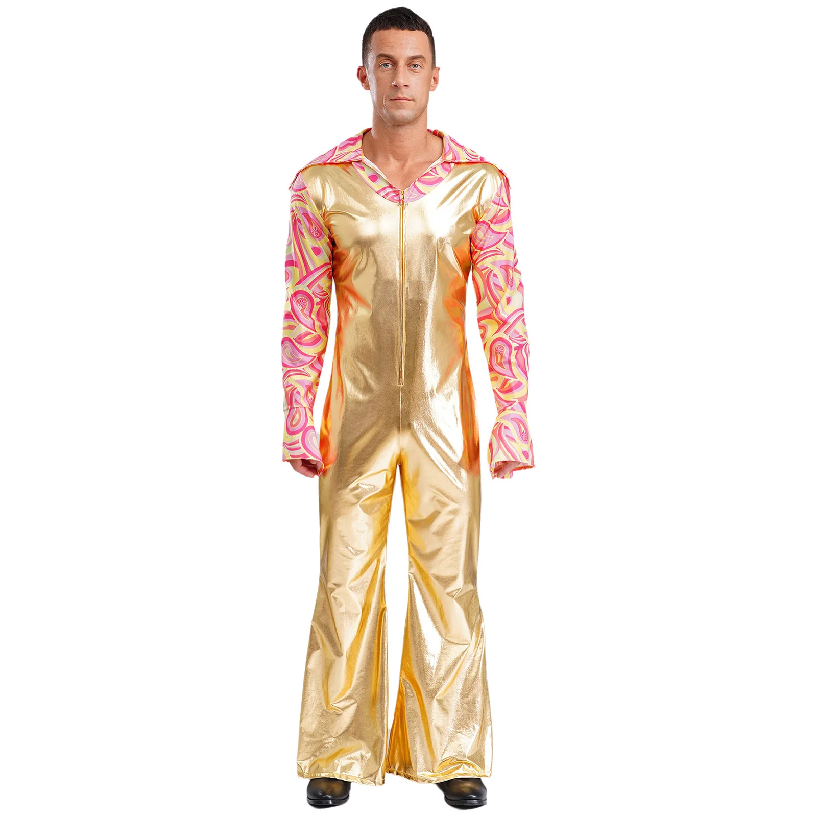 Mens Hippie Jazz Disco Dance Rompers Lapel V Neck Flare Long Sleeve Split Cuffs Bell Bottom Pants Patchwork Jumpsuit Clubwear - Image 2