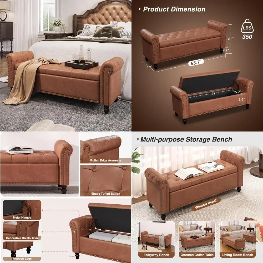 

Faux Leather Upholstered Storage Bench, 55 Inch Bedroom Ottoman with Foot Rest and Rolled Arms