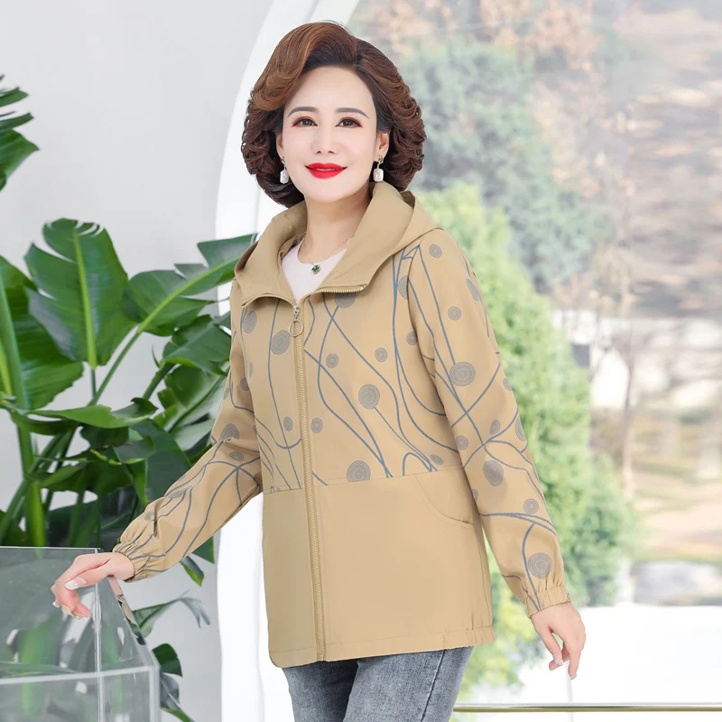 Klassische Outdoor-Kapuzenjacke, Herbst, Übergröße, neue Jacke, Damen, bedruckt, modische Straßenjacke mittleren Alters
