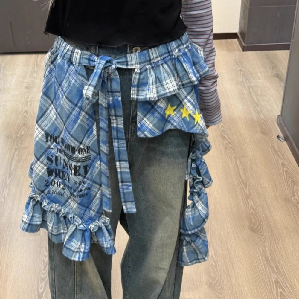 

Jeans Pants Decor Personalized Lace Mini Skirt Irregular Y2K Streetwear Ruched Skirts See Through Harajuku Butt Curtain