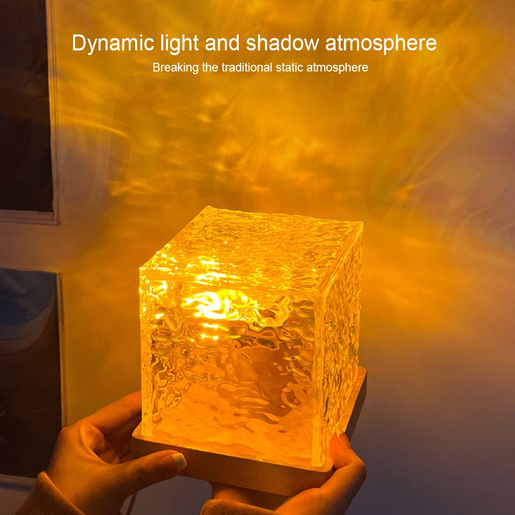 Water Ripple Cube Night Light Rotating Water Wave Night Light 16 Colors Crystal LED Table Lamp for Bedside Birthday Holiday Gift