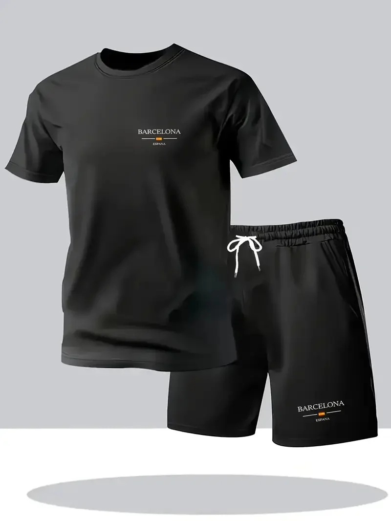 New summer fitness sportswear for men, short-sleeved T-shirt and shorts two-piece set, breathable and quick-drying casual wear.