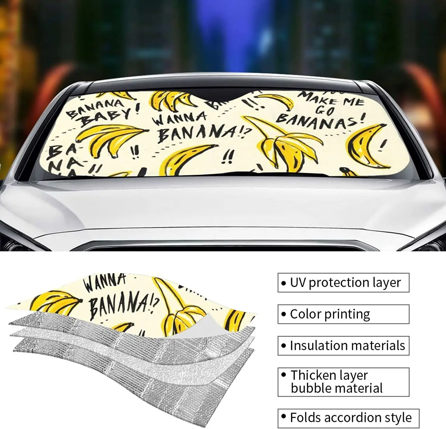 Parasol plegable para parabrisas, parasol plegable divertido para coche Wanna Banana, Protector de sombra que bloquea los rayos Uv y mantiene tu vehículo fresco, para SU