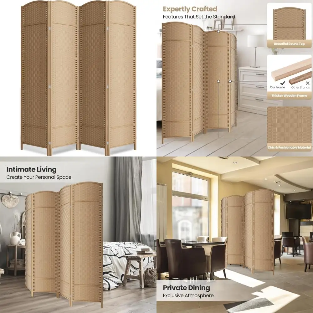 Folding Privacy Screen 6 Feet Tall - Diamond Weave Fiber Panel Wall Divider with 4 Panes for Enhanced Privacy