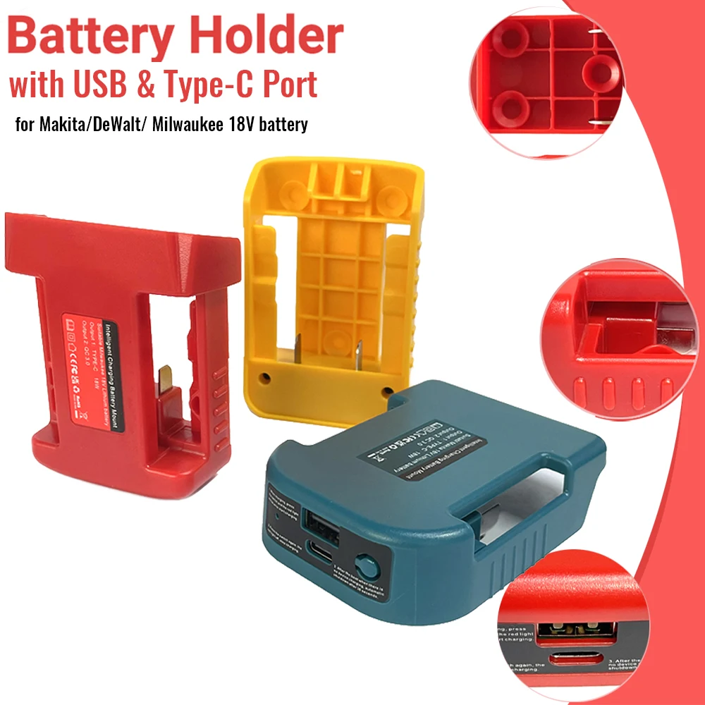 

Intelligent Charging Battery Adapter Compatible For Makita/ Dewalt /Milwaukee 18V Li-ion with USB Type-C Battery Holder