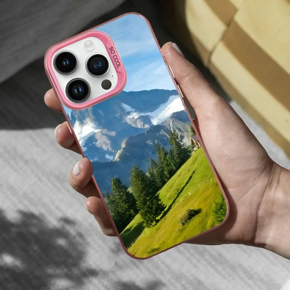 Mountains Travel Nature Phone Case For iPhone 16,15,14,17,13,12,11,Mini,Pro,SE,XS,MAX Pink Matte Silicone Cover