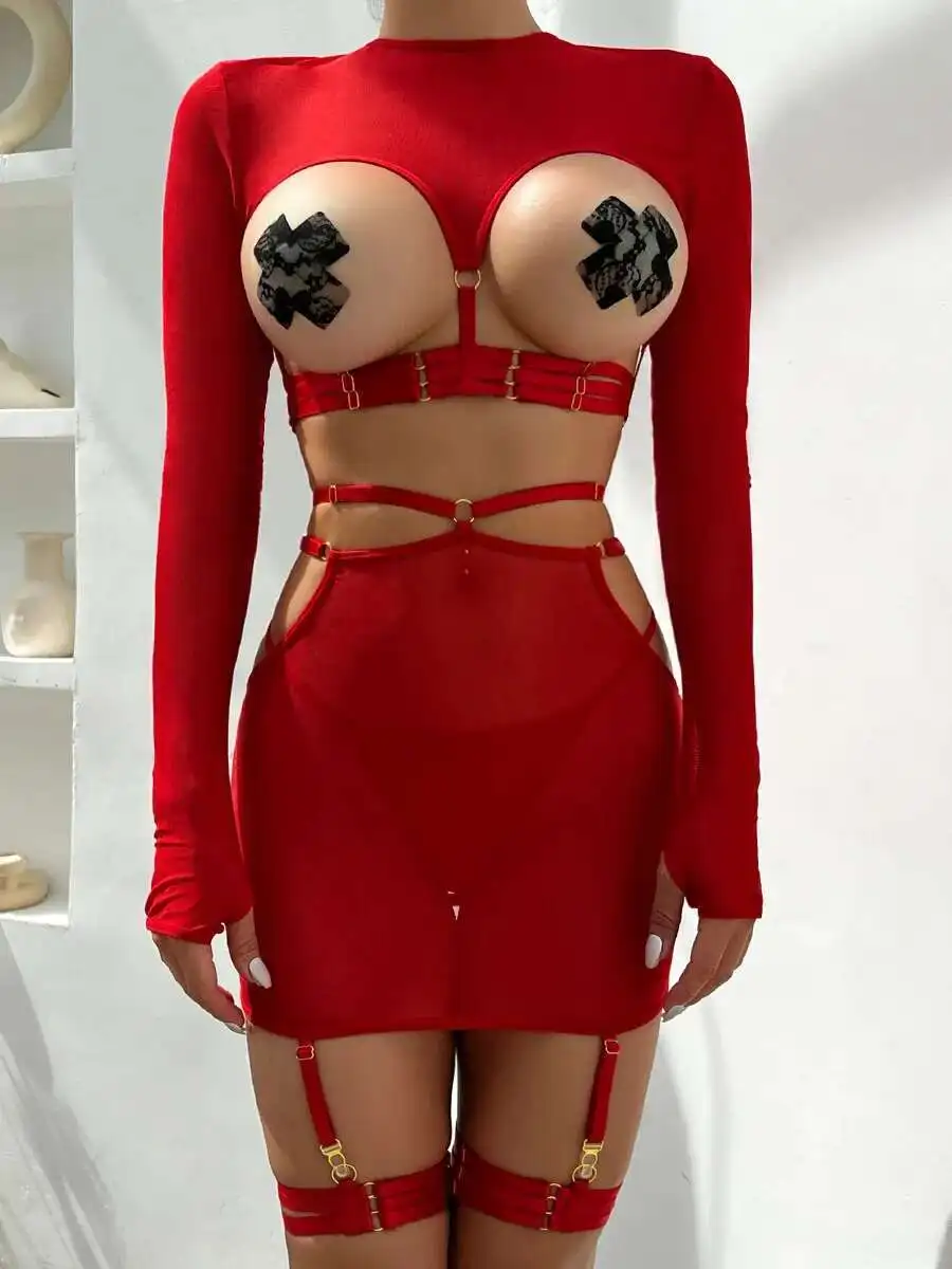 Women Transparent Lingerie Set Sexy Lace Long Sleeve Crop Top Open Crotch Skirt G-String Garter Hollow Out Open Bras Dress O77B