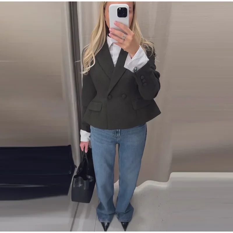 Damenmäntel mit Revers, tailliert, kurze Anzugjacke, Frühling Herbst, Büro-Damen, langärmelig, einfarbig, schmaler Schnitt, schicke neue Oberbekleidung – Detail 5