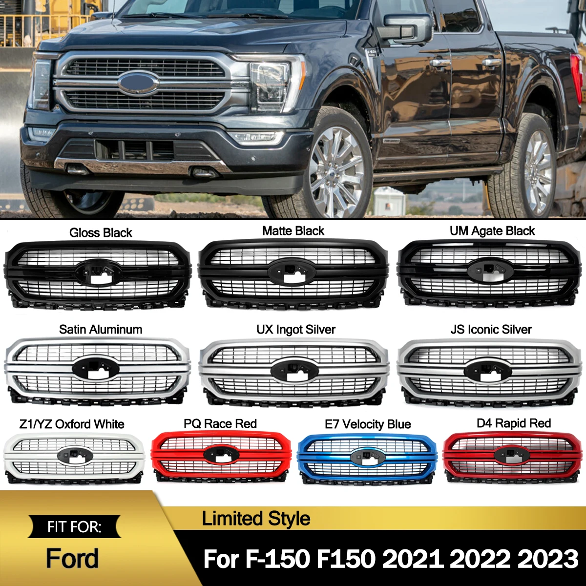 

Limited Style Front Bumper Upper Grille Fit For 2021 2022 2023 Ford F-150 F150 Front Hood Grill Radiator Grills 11 Color Options