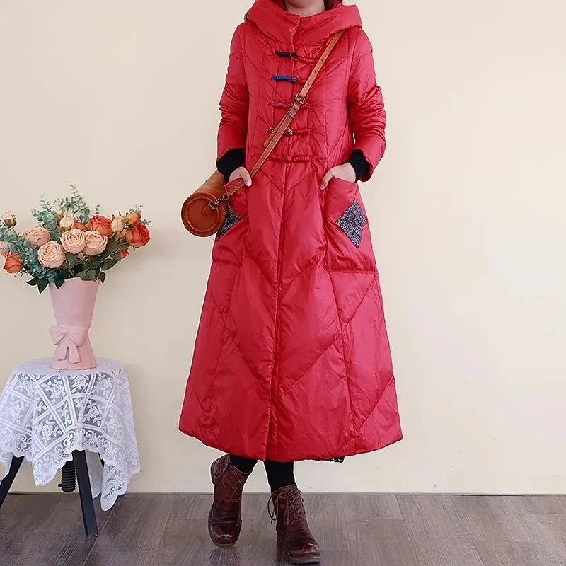 White Duck Down Jacket, Knee Length, Winter Buckle Hot Selling Chinese Style Warm Mid Length Down Jacket