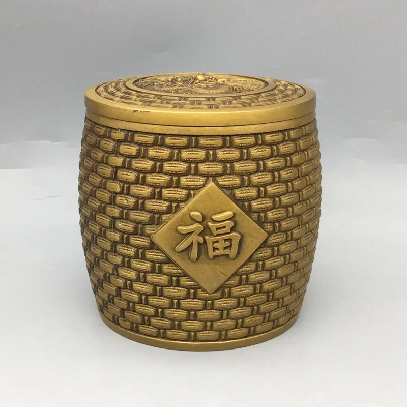 

Antique Copper Brass Bamboo-Woven Fu Character Tea Jar Decoration Household Indoor Insect-Proof Moisture-Proof Wet Storage Jar C