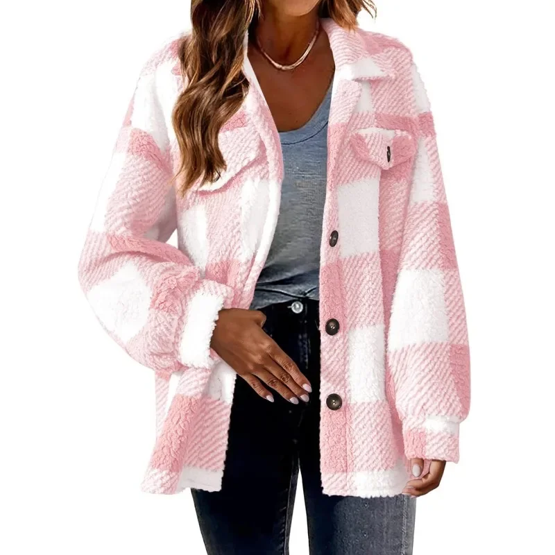 

Europe and The United States Autumn and Winter Open-button Lapel Plaid Coat Plaid Pattern Button Front Jacket Warm