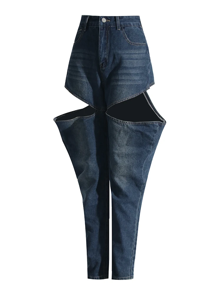 Pantaloni in Denim con tasca Patchwork scavati per le donne pantaloni a gamba larga Chic con bottoni impiombati a vita alta moda femminile nuovo