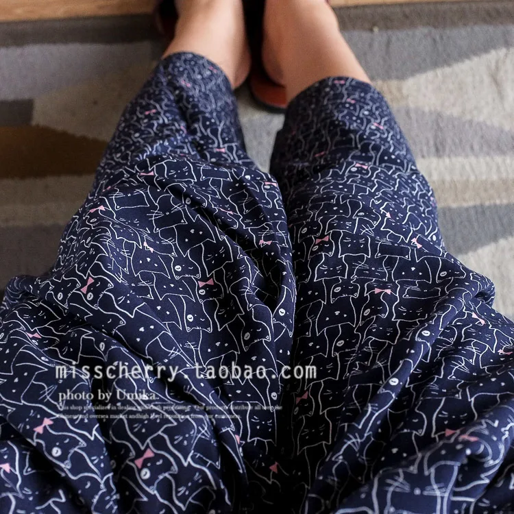 140x50cm Koshibo fabric Bow cats Purplish Blue Bottom TSUMUGI Cotton Cloth, diy summer clothes Clothing Pajamas Lining