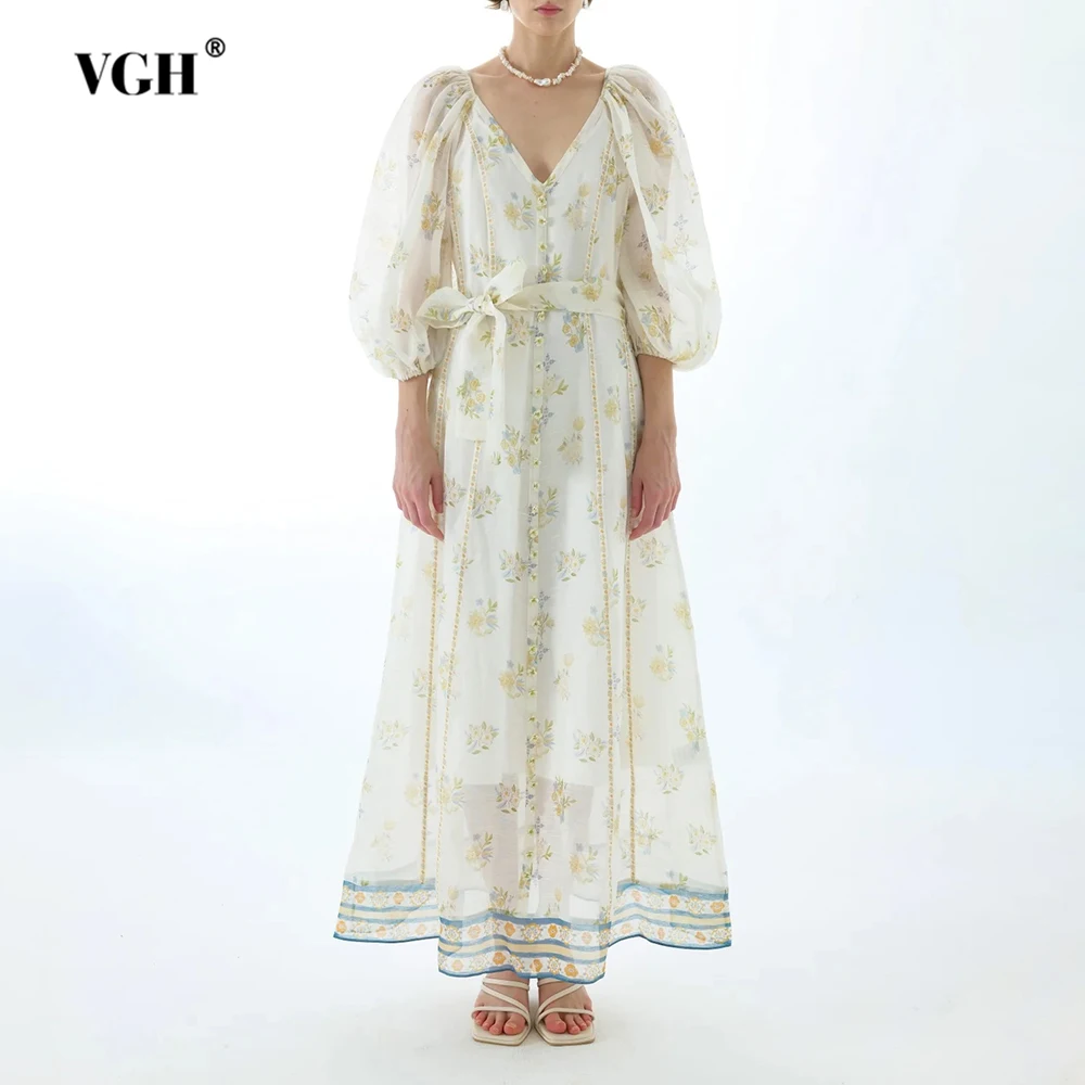 فساتين طويلة شبكية شفافة عتيقة من VGH للنساء بياقة على شكل V وأكمام ثلاثة أرباع وخصر عالي وفضفاض ومطبوع بأربطة فستان نسائي #1