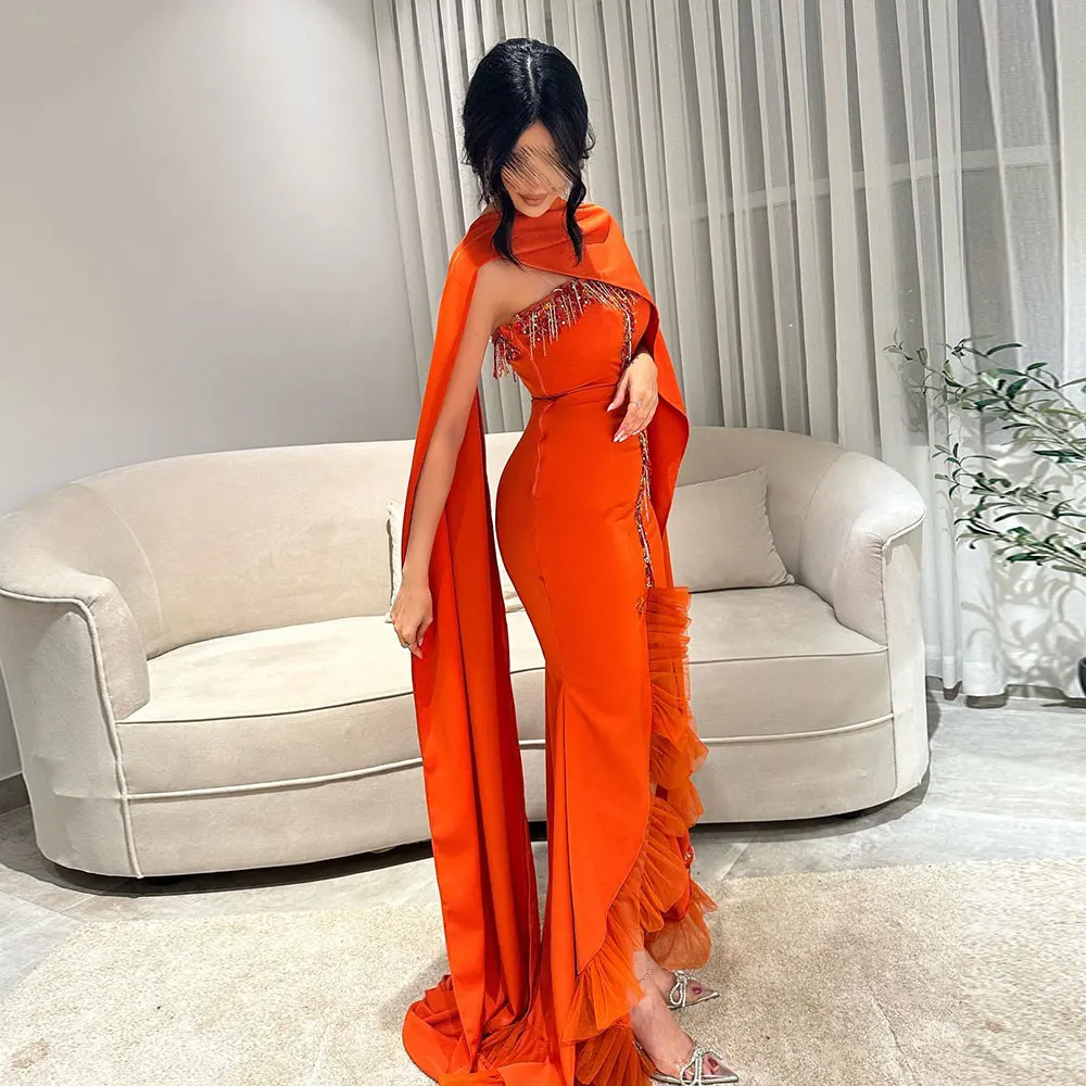 Rose Novias Prom Dress Mermaid High Split Shawl Ruffle With Tassel Crystal Saudi Arabian Women's Formal Occasion فساتين السهرة