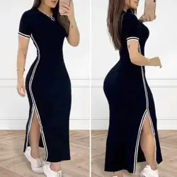 Elegant Summer Women Dress O Neck Side Slit Slim Solid Color Short Sleeves Striped Skinny Maxi Dress
