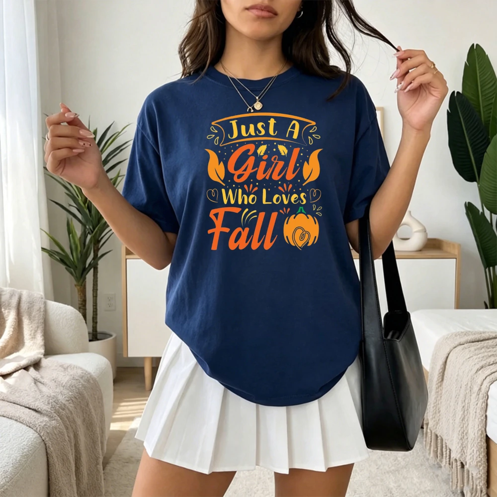 Just A Girl Who Loves Fall Women T Shirt Retro Letter Pumpkin Maple Leaf Design Attractive Trendy Casual Ladies Short Sleeve Tee