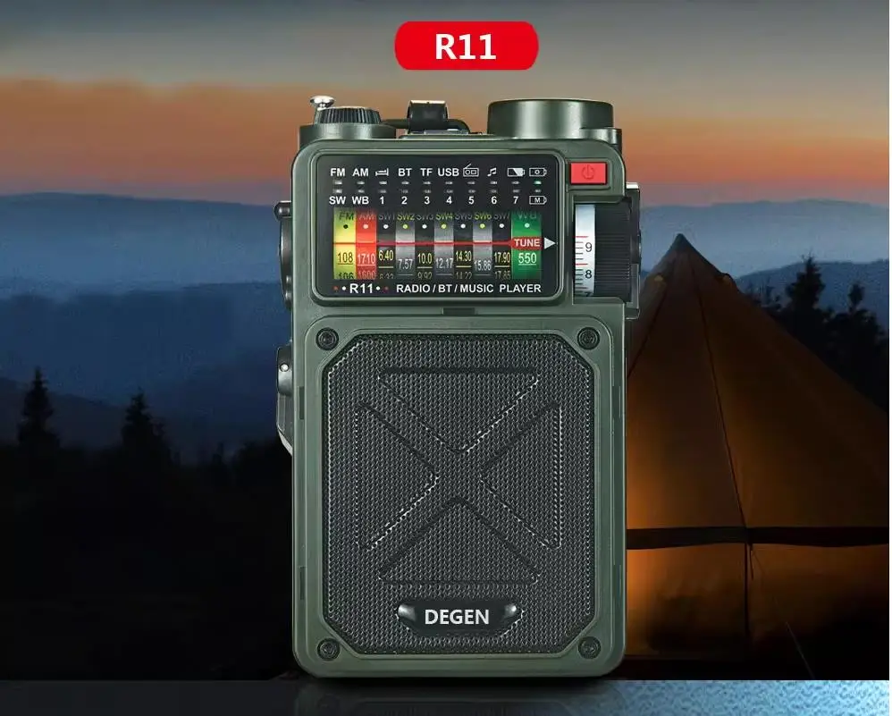 DEGEN R11 R12multi-function portable outdoor Bluetooth TF card USB playback full-band solar radio Hand power generation