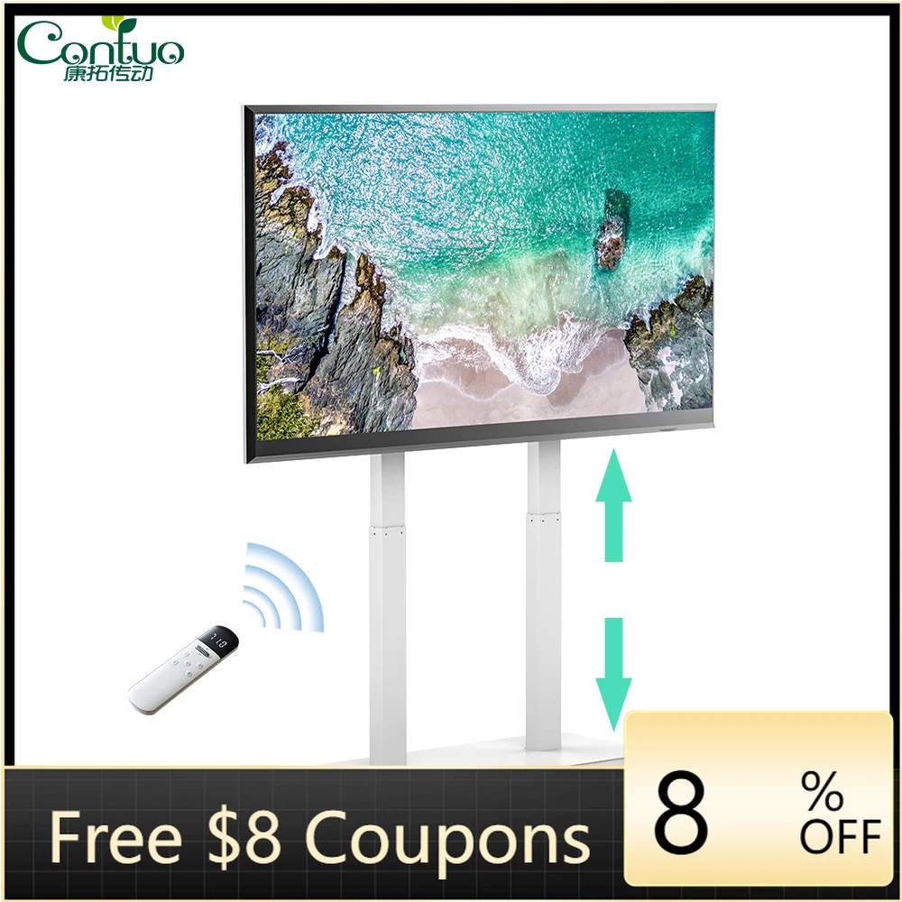 

Modern Height Adjustable Mobile Remote White Telescopic TV Lift Adjustable Mechanism Motorized TV Trolley Stand on Wheels