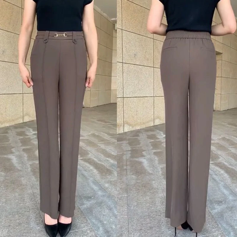 Summer New Thin Elastic Waist Fashion Solid Color Straight Pants Women High Waist Pockets Patchwork Button High Street Trousers