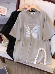 150Kg Plus Size Women's Bust 165 Summer Loose Sequin Lace Slit Short Sleeve T-Shirt Black Gray 5XL 6XL 7XL 8XL 9XL