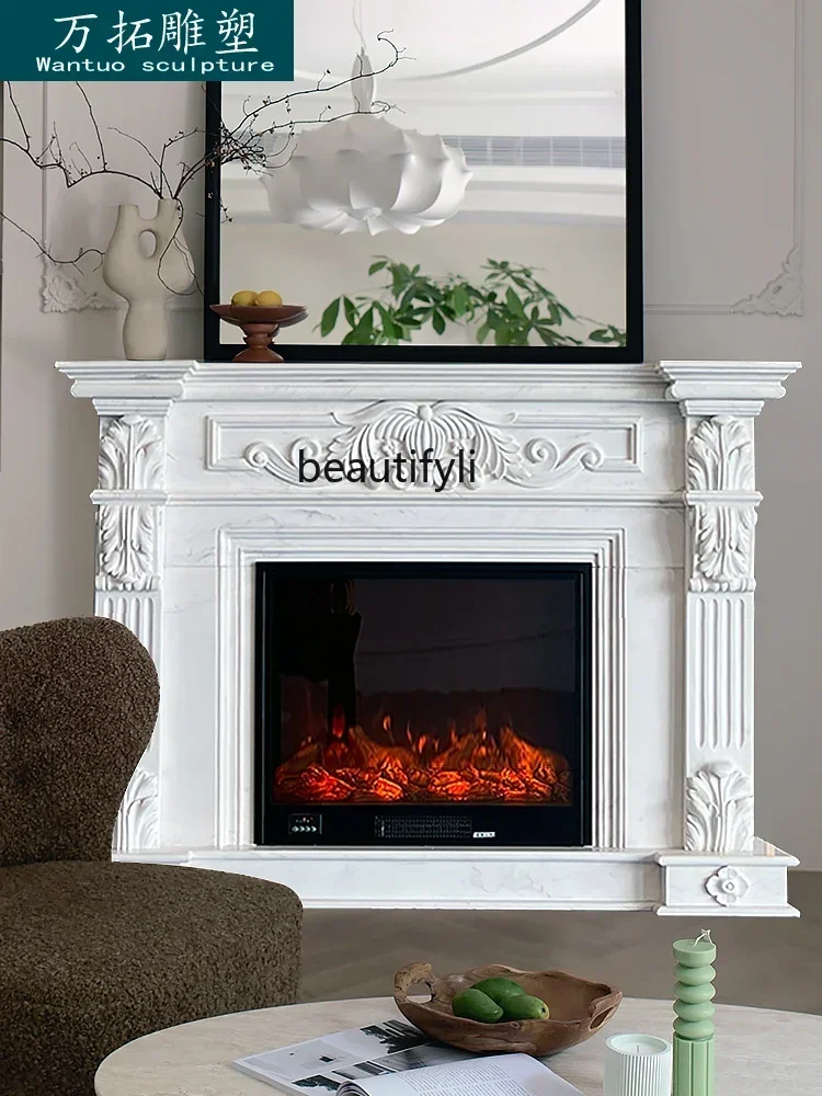 

lt Marble fireplace living room decorative cabinet white marble stone simple American carved fireplace