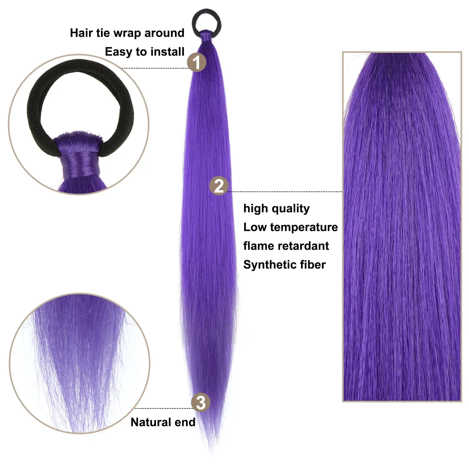 2PC Synthetic Purple Ponytail Extension with Rubber Band Long Straight DIY Braided Pony Tail Hairpiece Women Hair Accessories