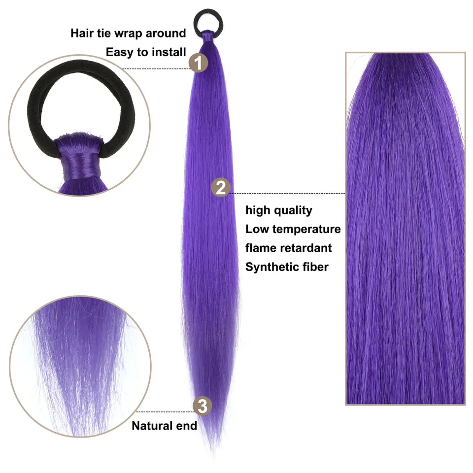 2 piezas de extensión de coleta sintética morada con banda elástica, coleta larga lacia para DIY, accesorio para mujer 2