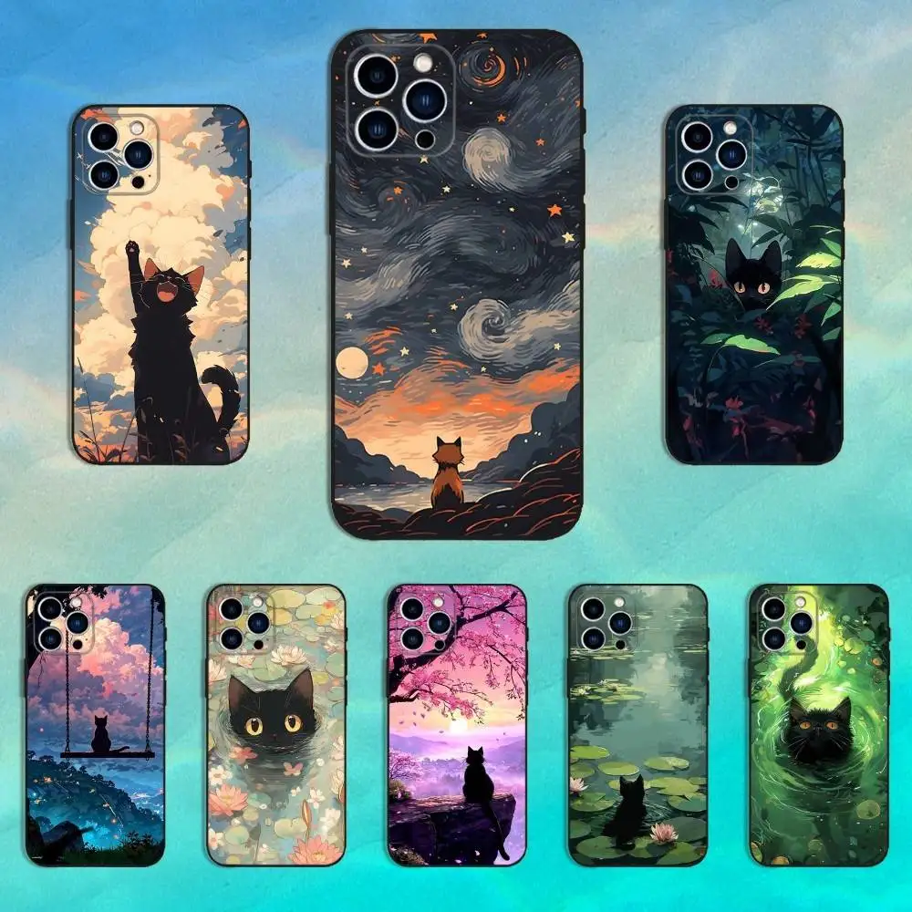 

Art Cat Painting Phone Case For iPhone 16,15,14,13,12,11 Plus,Pro Max,XS,X,XR,SE,Mini,8,7,Soft Silicone Black Cover