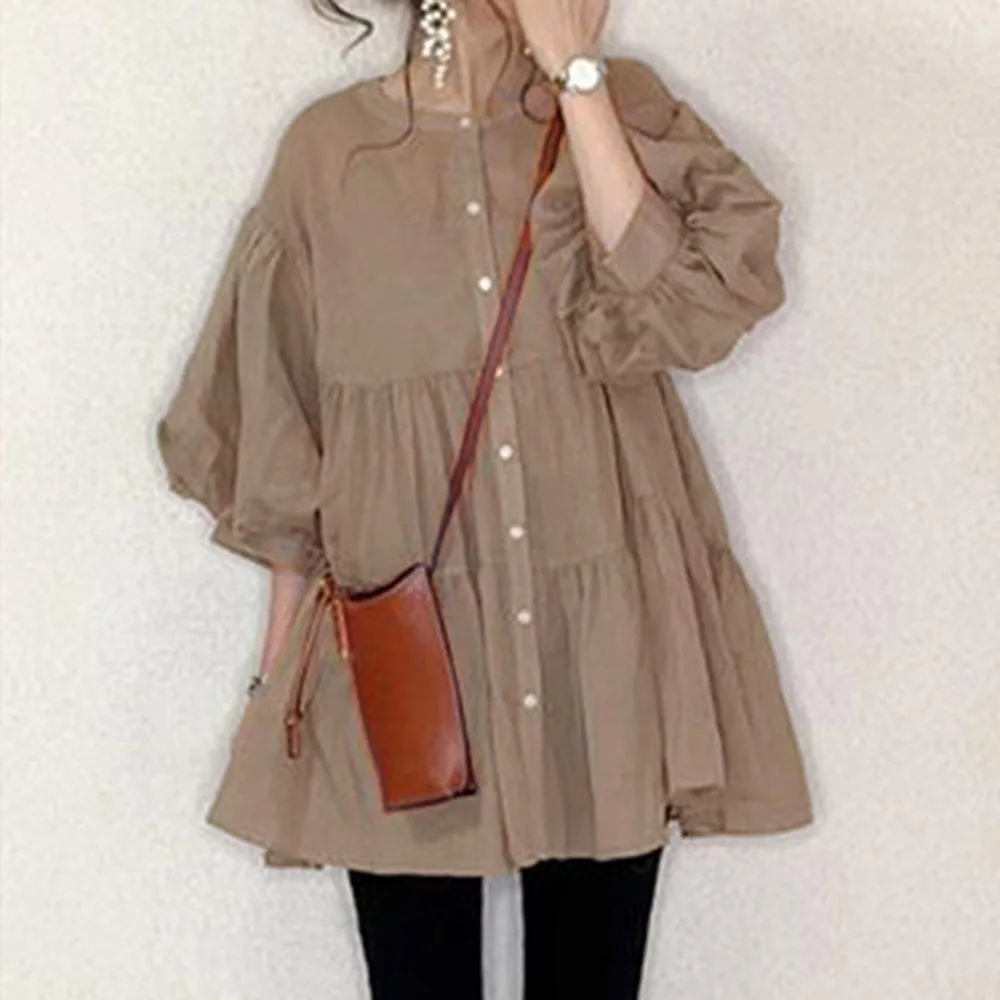 

Рубашка-топ, женская верхняя рубашка, однобортный, с круглым воротником, однотонные блузки средней длины, офисные женские осенние рубашки 2023 г.