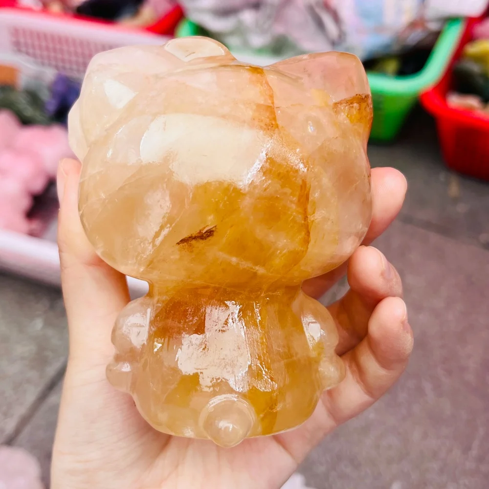 Polished Natural Yellow Hematoid Flower Quartz Hello Kitty Sculpture Positive Energy Crystal Ornament Desk Tabletop Decoration