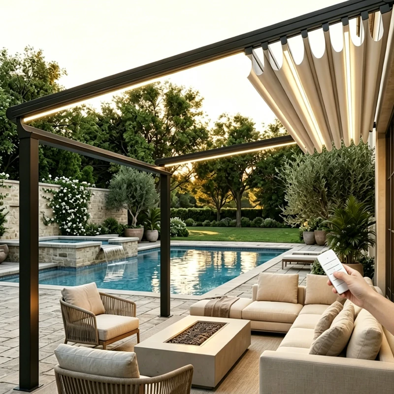Motorized Retractable Pergola Roof Awning Sunproof Patio Cover Remote Control Custom Size Outdoor Shade Solution for Gazebos