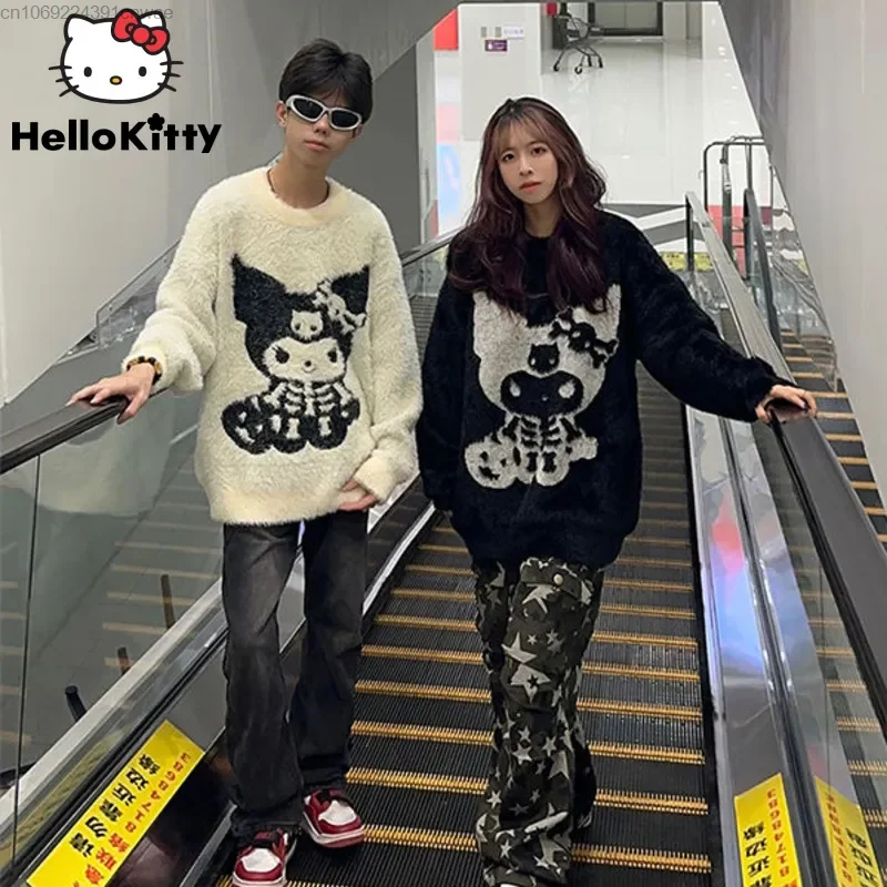 

Sanrio Kuromi Imitation Mink Fleece Black White Sweater For Men Women Winter New Gothic Couple Knitwear Emo Aesthetic Knit Tops