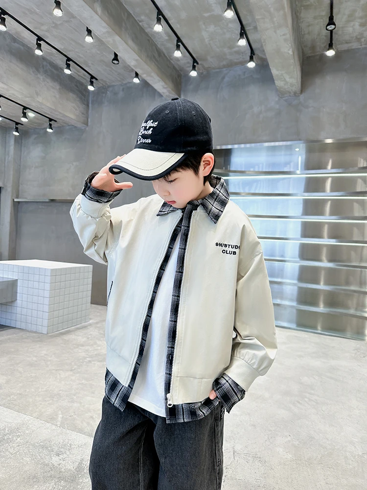 

Весенне-осеннее клетчатое бейсбольное пальто с откидным воротником для мальчиков, двухсекционное молодежное хлопковое длинное пальто на молнии све